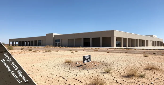 Empty building from the DOGE-HHS Migrant Housing Contract in Pecos, Texas, highlighting government real estate waste and taxpayer money mismanagement.