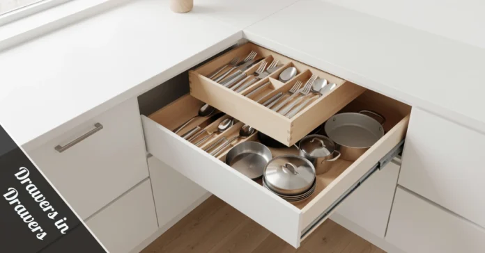 Drawers in drawers kitchen storage system with inner sliding tray holding cutlery above deep drawer with pots and pans.