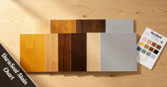 DuraSeal Stain Chart sample boards on red oak and white oak hardwood floors showing warm brown, gray, and dark stain color options.