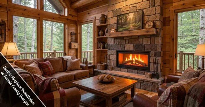 Electric Fireplace Installation in Fannin County Georgia — modern wall-mounted unit in a warm mountain home living room.