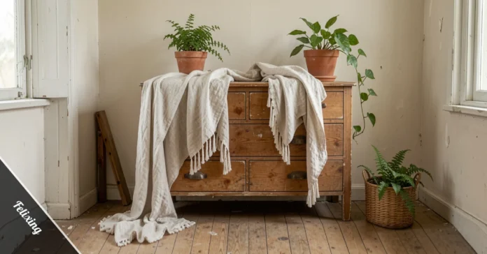 A felixing home makeover with repurposed wooden furniture, linen textiles, and potted plants in a bright eco-friendly living room