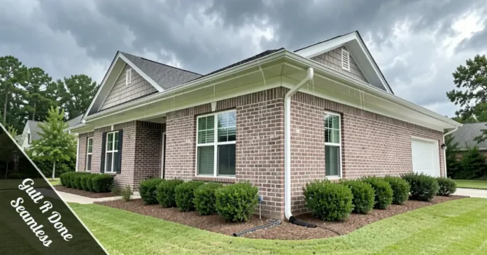 Gutt R Done Seamless custom aluminum seamless gutter installation on a residential home with clean downspout placement.