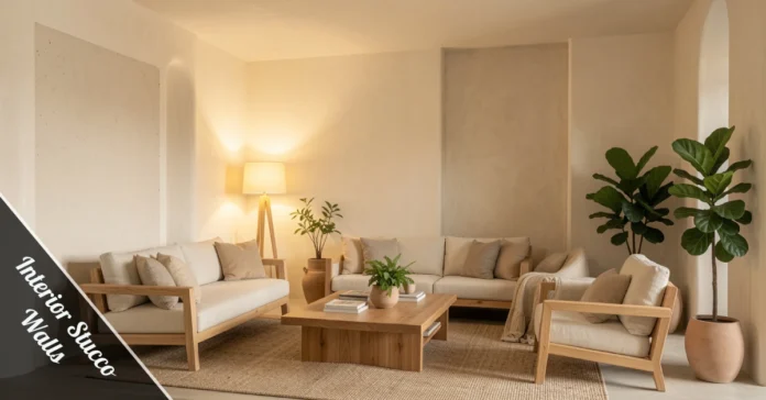 Interior stucco walls with smooth finish in a modern living room, warm off-white tones and natural wood decor