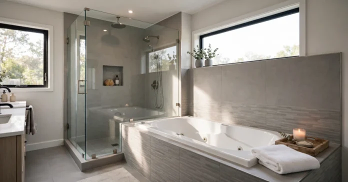 A modern renovated bathroom featuring a white Jacuzzi bath tub, representing a typical Jacuzzi bath remodel cost project.