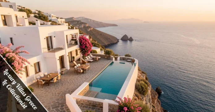 Luxury Villas Greece Le Collectionist — cliffside infinity pool with Aegean Sea views and Cycladic architecture at sunset.