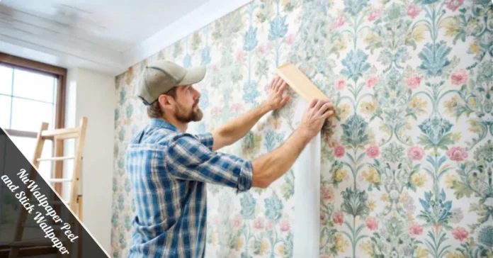 DIYer installing NuWallpaper Peel and Stick Wallpaper on a smooth accent wall in a bright living room.