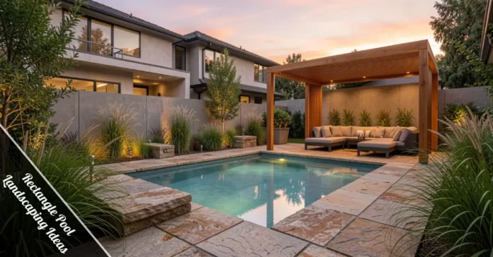Rectangle Pool landscaping ideas with stone pavers, ornamental grasses, and modern pergola in backyard