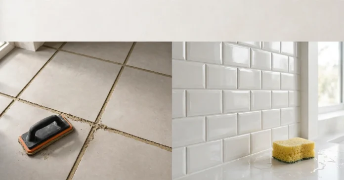 Sanded vs unsanded grout comparison: wide floor tile joints with sanded grout and narrow wall tile joints with smooth unsanded grout.