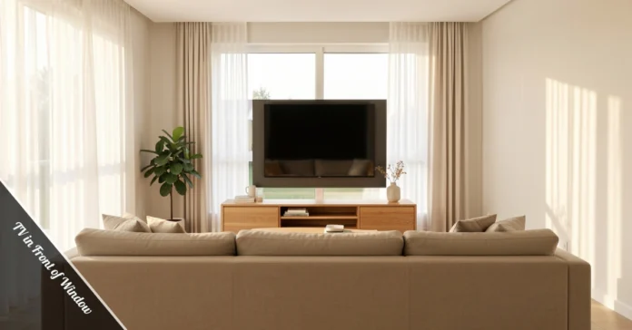 Modern living room with a TV in front of a window and sheer curtains to reduce glare