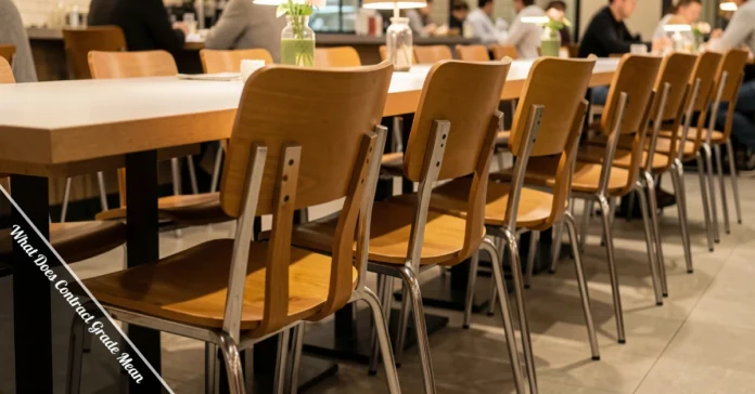 Row of contract grade restaurant chairs lined up along a wooden dining table in a modern restaurant setting
