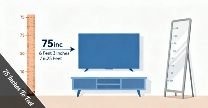 5 Inches To Feet equals 6.25 feet or 6 feet 3 inches, shown with home furniture and TV size examples.