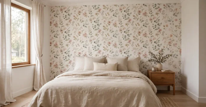 Bedroom wallpaper accent wall behind a cozy bed
