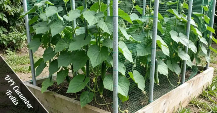 DIY cucumber trellis with green nylon netting on metal T-posts in a raised garden bed with climbing vines.
