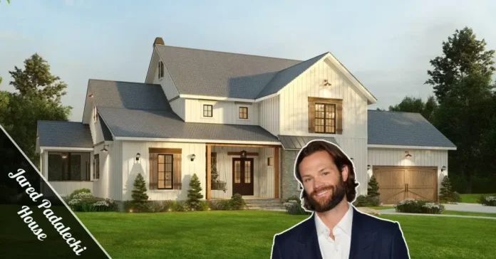 Exterior view of Jared Padalecki house — Austin Texas modern farmhouse with rustic wood details and landscaped outdoor surroundings.