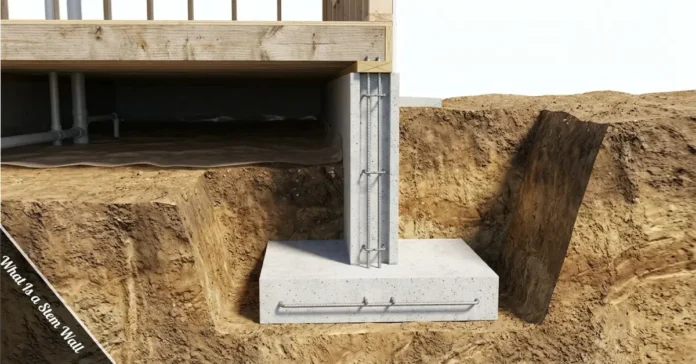 Cross-section diagram showing what is a stem wall, with concrete footing, rebar, and sill plate labeled