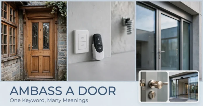 Ambass A Door guide showing timber windows, garage door openers, modern glass doors, and door hardware.