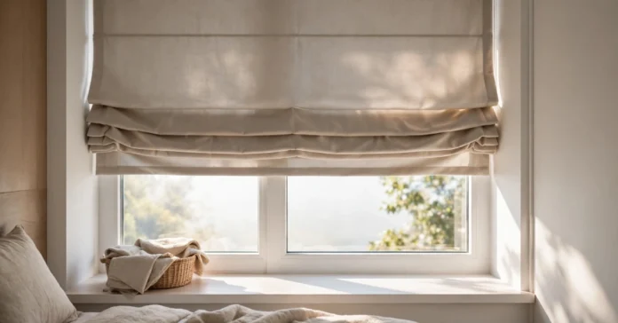 Top-Down Roman Shades on bedroom window letting in light