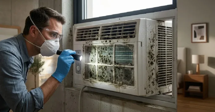 Air conditioner with mold showing black and green spots on AC vents and filter.