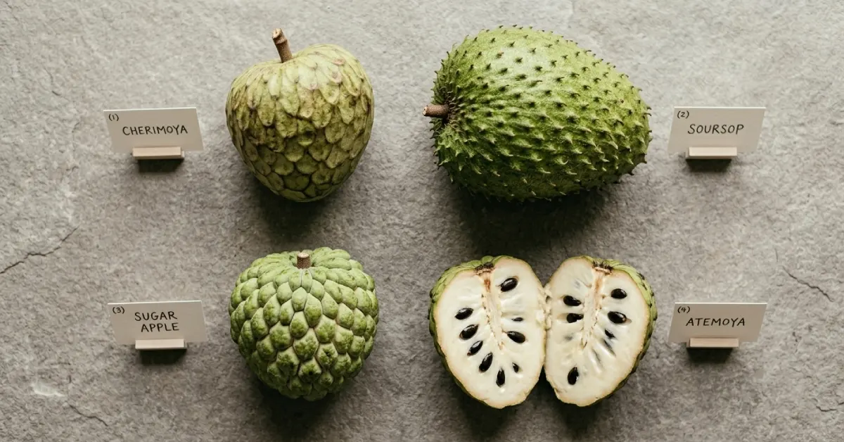 Cherimoya, soursop, sugar apple, and atemoya arranged side by side for comparison