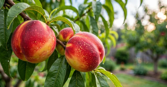 Ripe Flavortop nectarine fruit growing on the tree