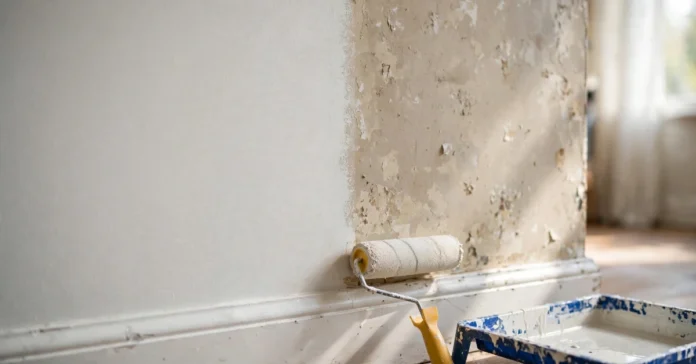 Close-up of a wall showing a smooth freshly painted section next to an older patchy section, illustrating uneven paint.