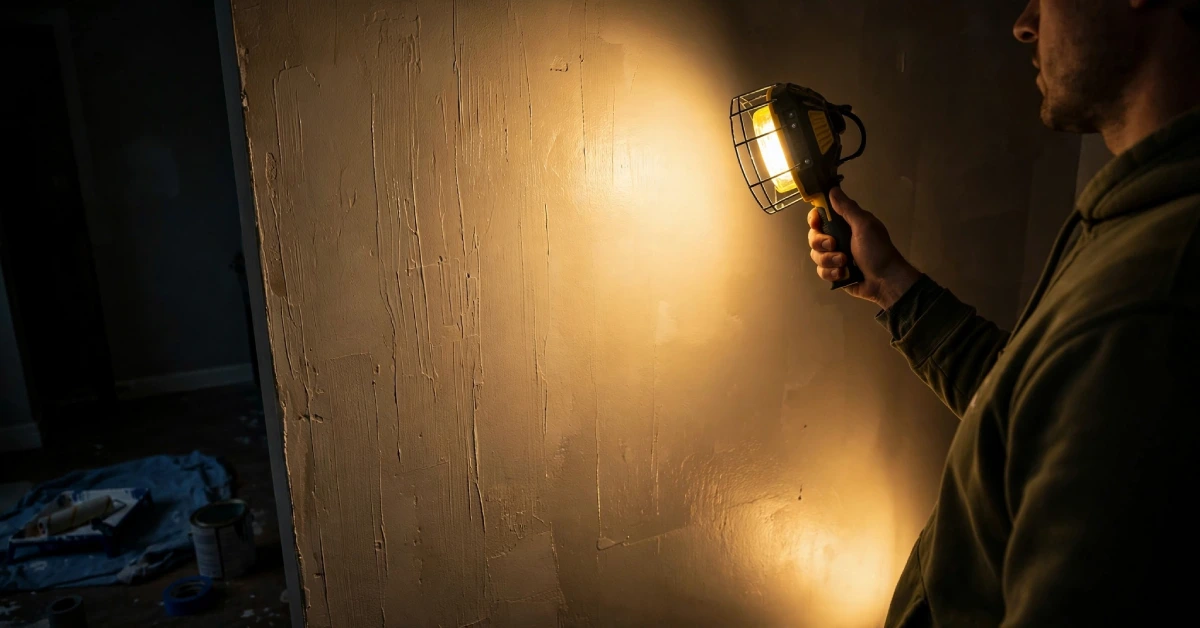 Person using a raking light lamp to inspect a painted wall for streaks and uneven texture.