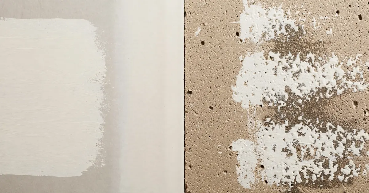 Bare unprimed drywall next to primed drywall showing blotchy versus even paint absorption.