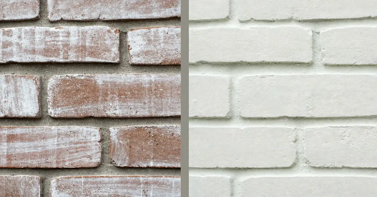 Hands applying and wiping whitewash paint onto brick using a brush