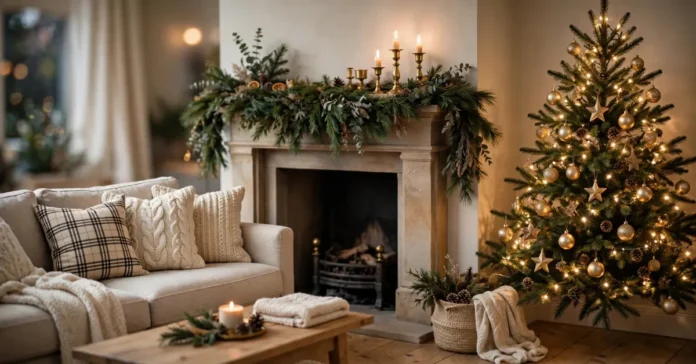 Living room decorated for Christmas with a lit tree, styled mantel, and warm lighting