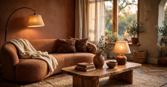 Cozy living room idea with warm earthy tones, natural textures, and layered lighting
