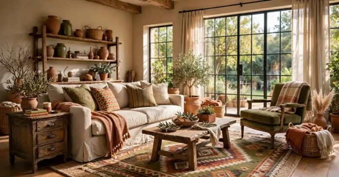 Living room decor ideas featuring a warm neutral palette, mixed furniture, and layered textiles