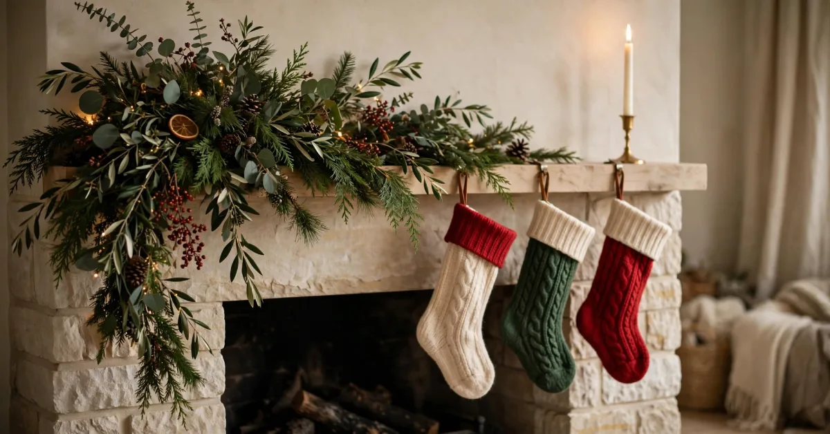 Asymmetrical Christmas mantel with layered greenery, candles, and hanging stockings