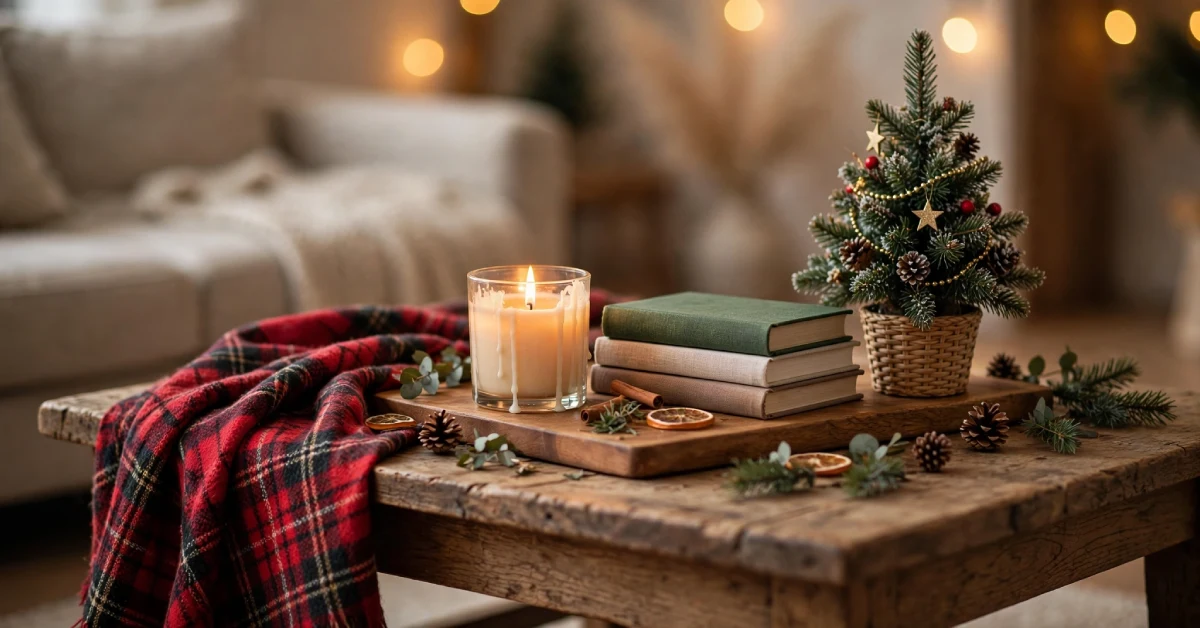 Coffee table styled for Christmas with a tray, candle, books, and mini tree