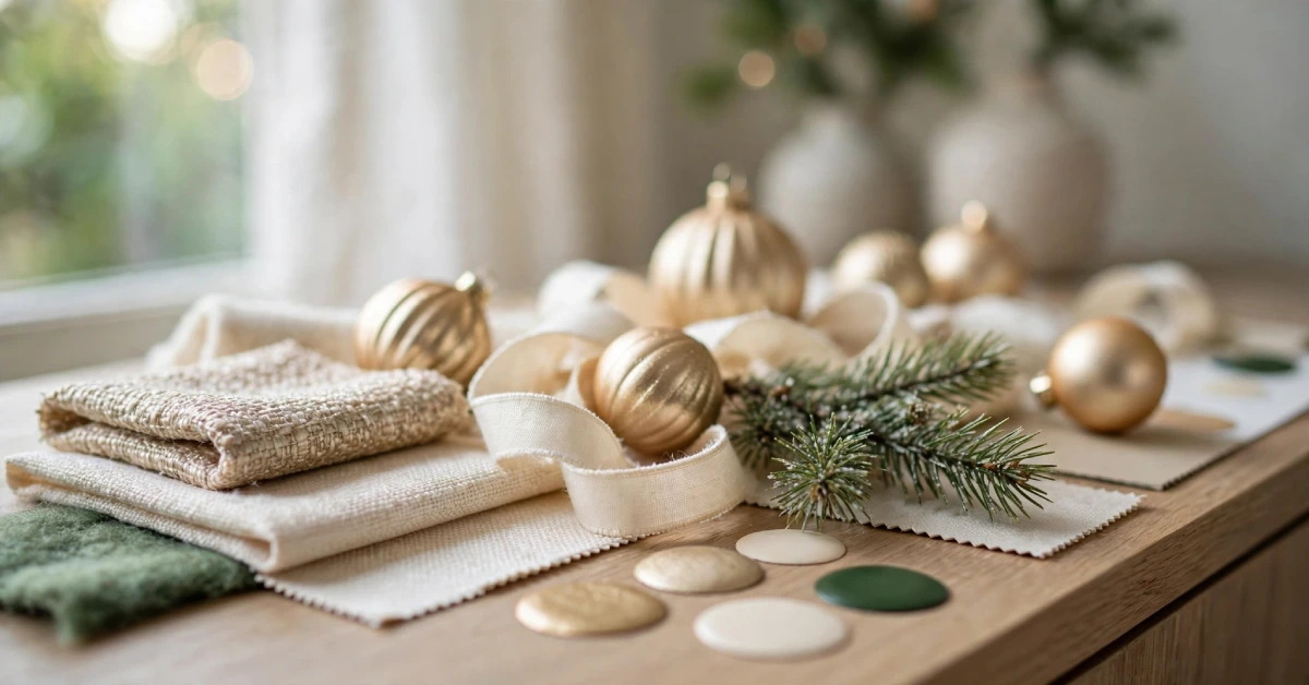 Champagne gold and cream Christmas color palette styled on a living room console table