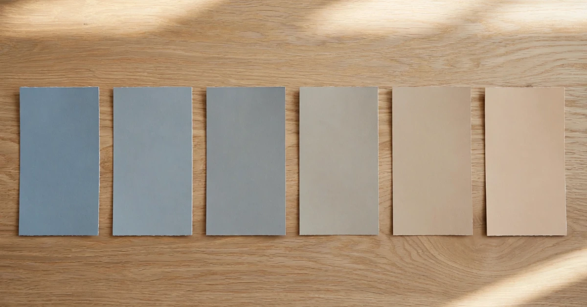 Paint swatch cards comparing cool grey and warm greige tones