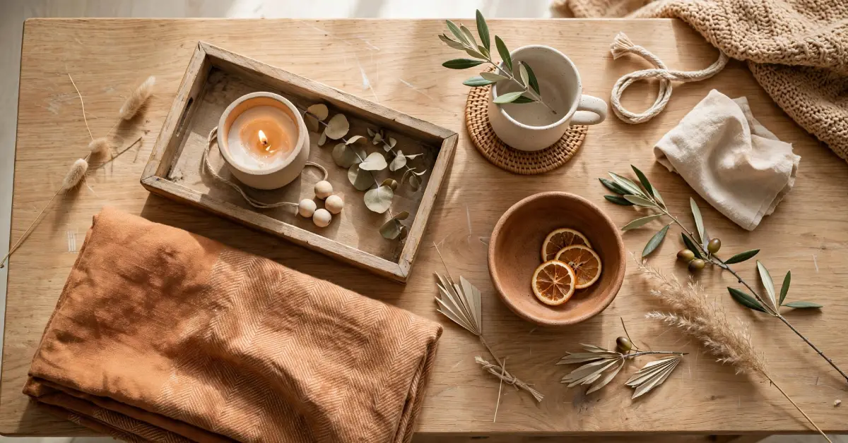 Budget-friendly cozy living room styling items on a wood coffee table