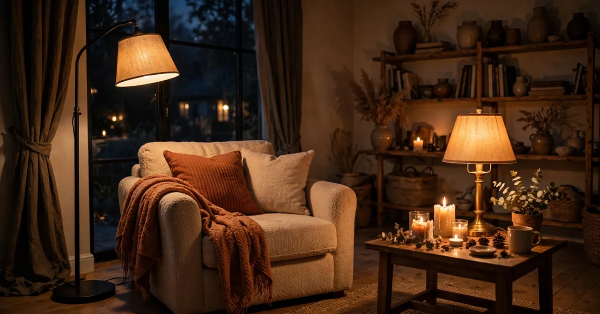 Cozy living room lit with a floor lamp, table lamp, and candles in the evening
