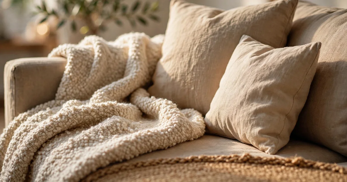 Close-up of a wool throw and jute rug texture in a cozy living room