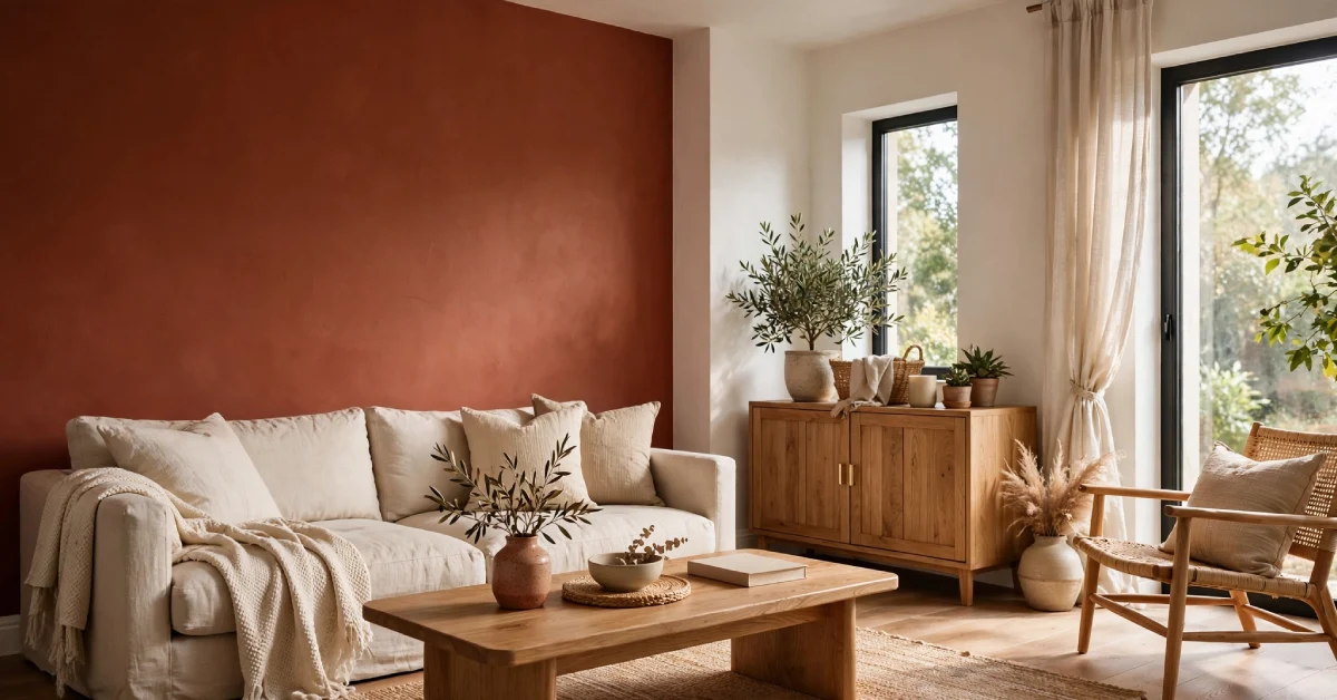 Living room with a warm terracotta accent wall and natural wood furniture