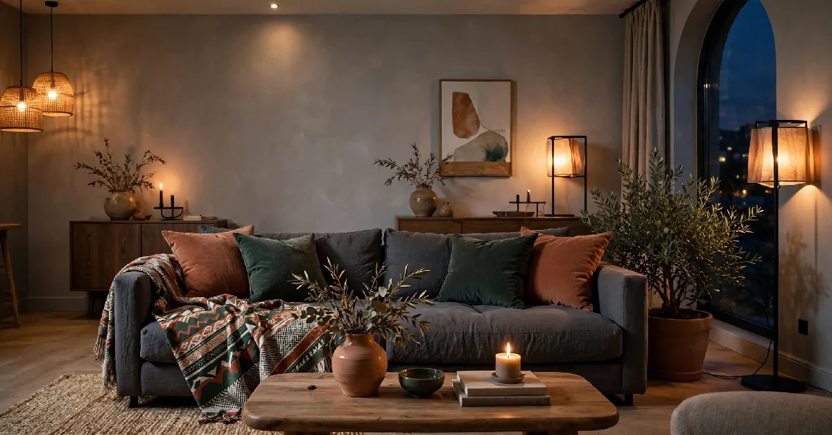 Grey living room styled with terracotta and green accent cushions