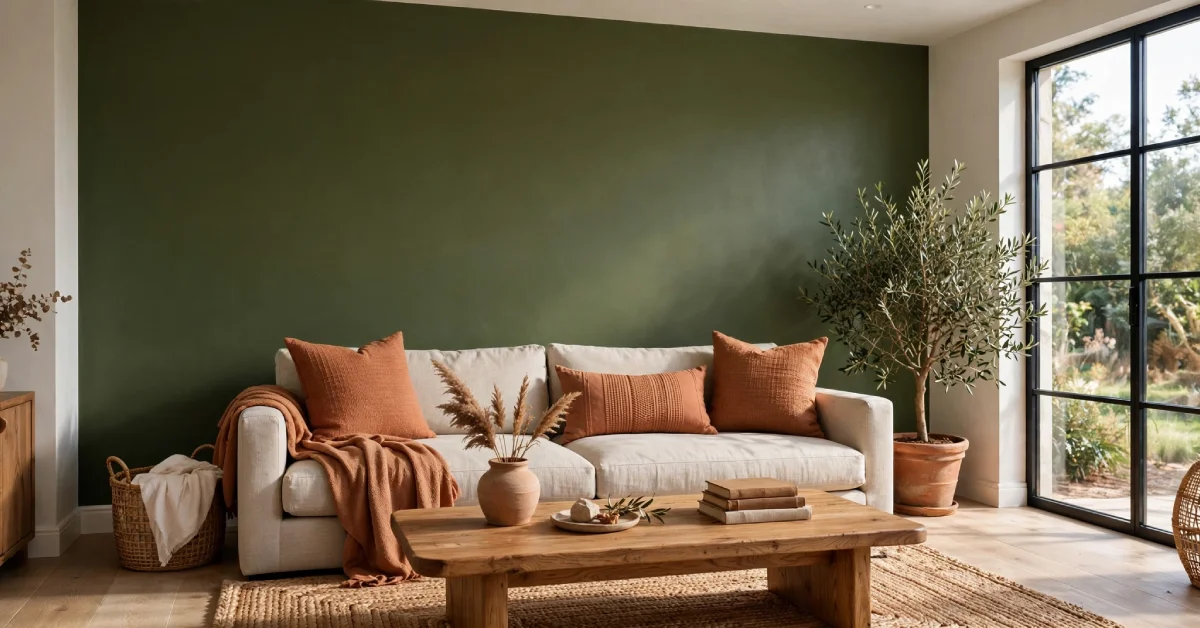 Olive green accent wall paired with terracotta cushions in a living room