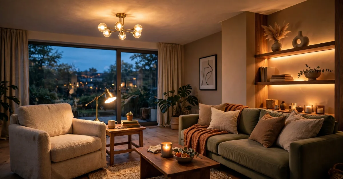 Living room with ambient, task, and accent lighting layered together in the evening