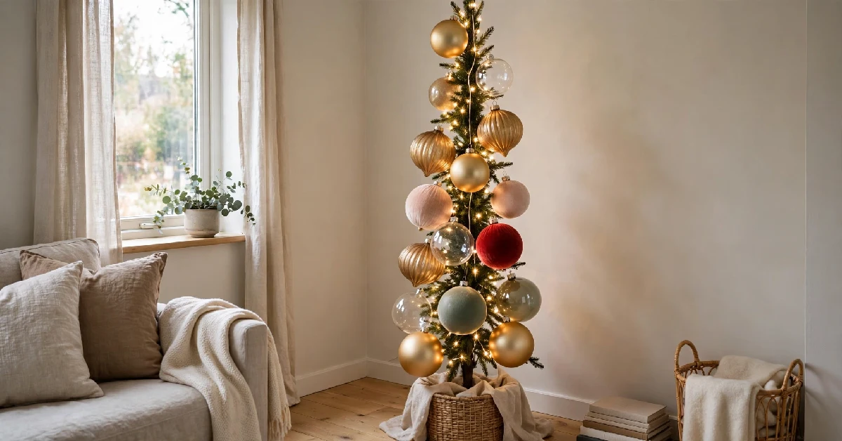 Slim pencil Christmas tree with warm lights fitted into a small living room corner