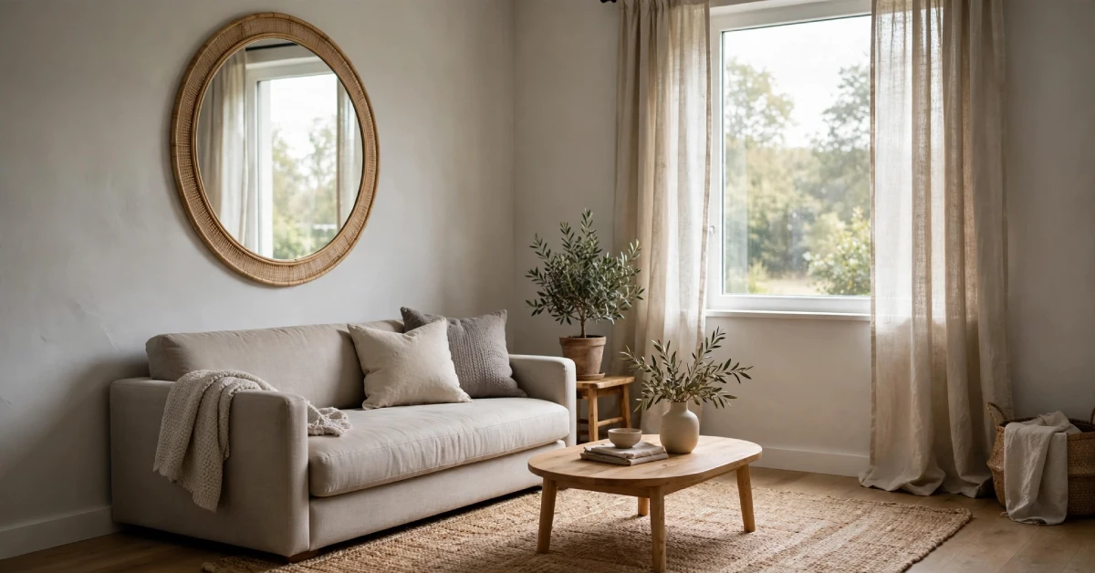 Small living room in light warm grey with mirror and jute rug