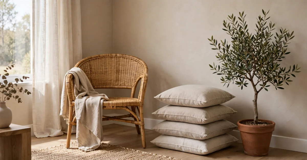 Warm greige living room corner with rattan chair and linen cushions