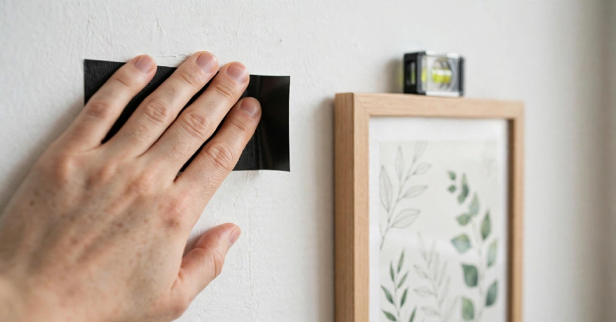 Hand pressing an adhesive picture-hanging strip onto a white wall beside a framed poster