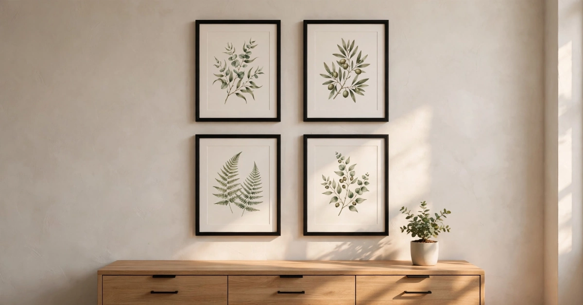 Four matching black-framed botanical posters arranged in an even grid on a bedroom wall