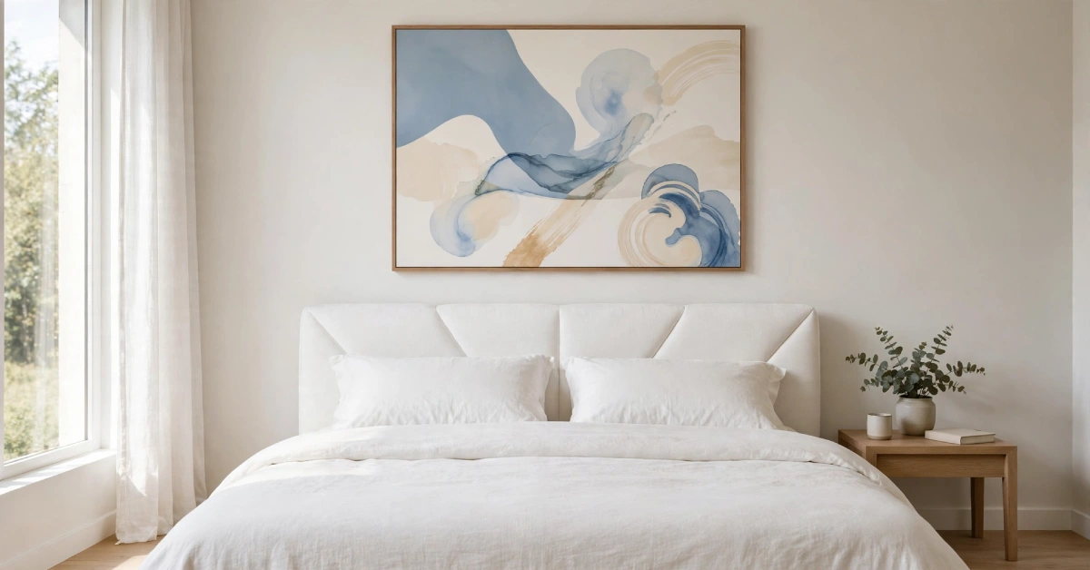 Large abstract poster centered above a white upholstered headboard in a bedroom